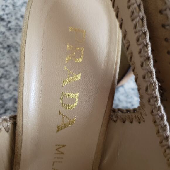 Prada Leather Suede Boho Retro Tan Sling Back Sz 39.5 EU 9-9.5 US Vero Cuoio+box - Picture 7 of 16